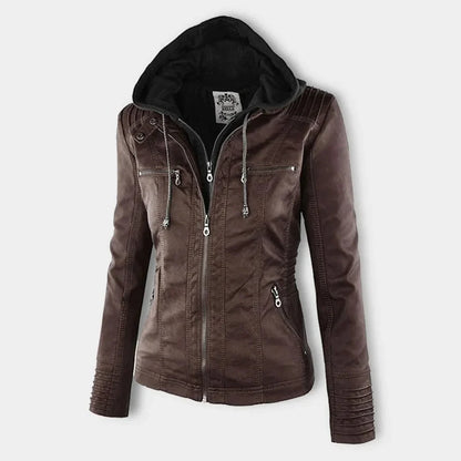 Women's zip-up hood leather jacket with zippered pockets