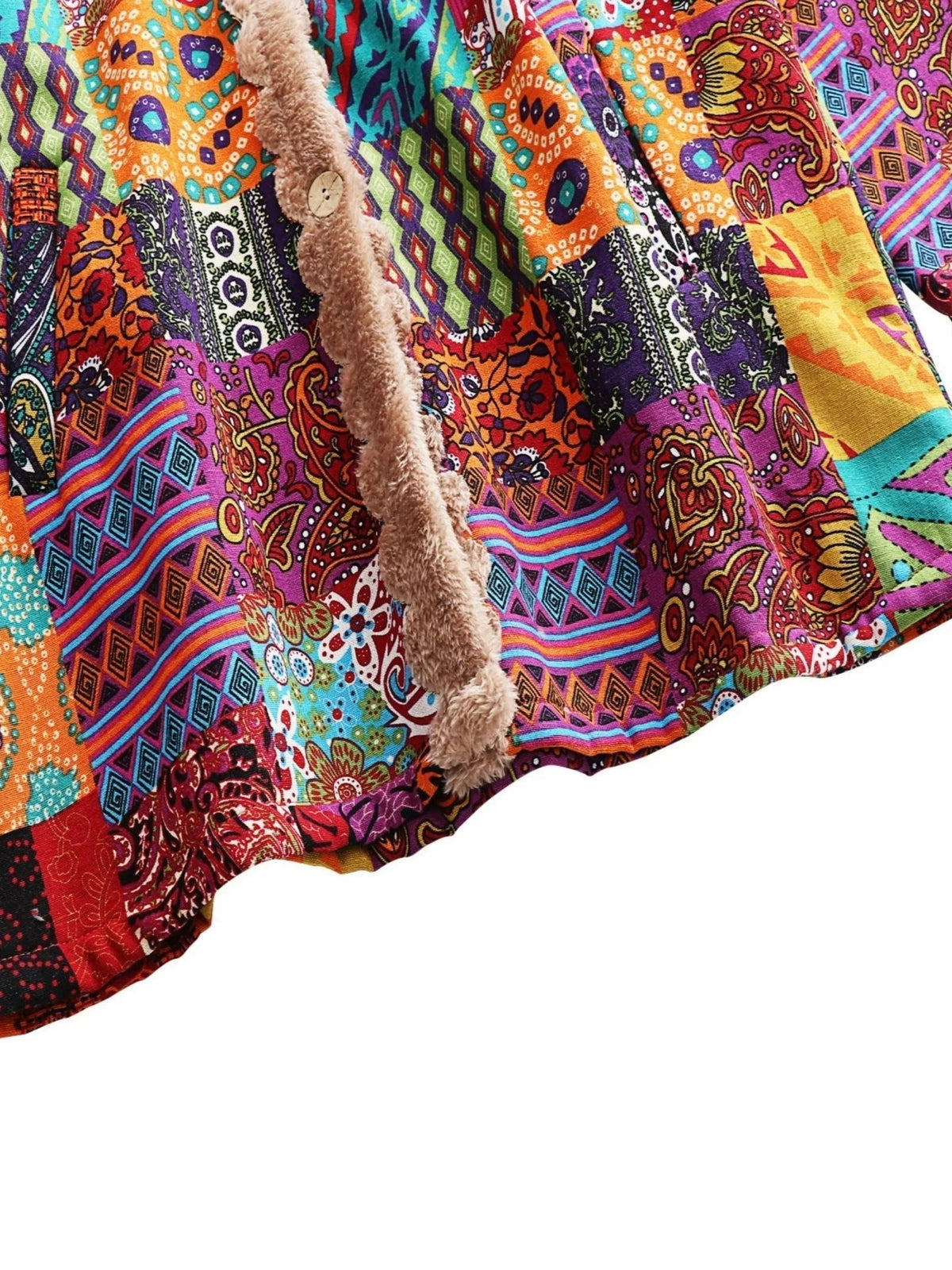 Women's borg button-front hood parka with patchwork print