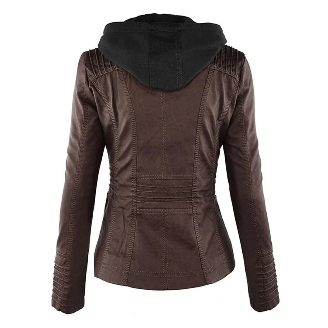 Women's zip-up hood leather jacket with zippered pockets