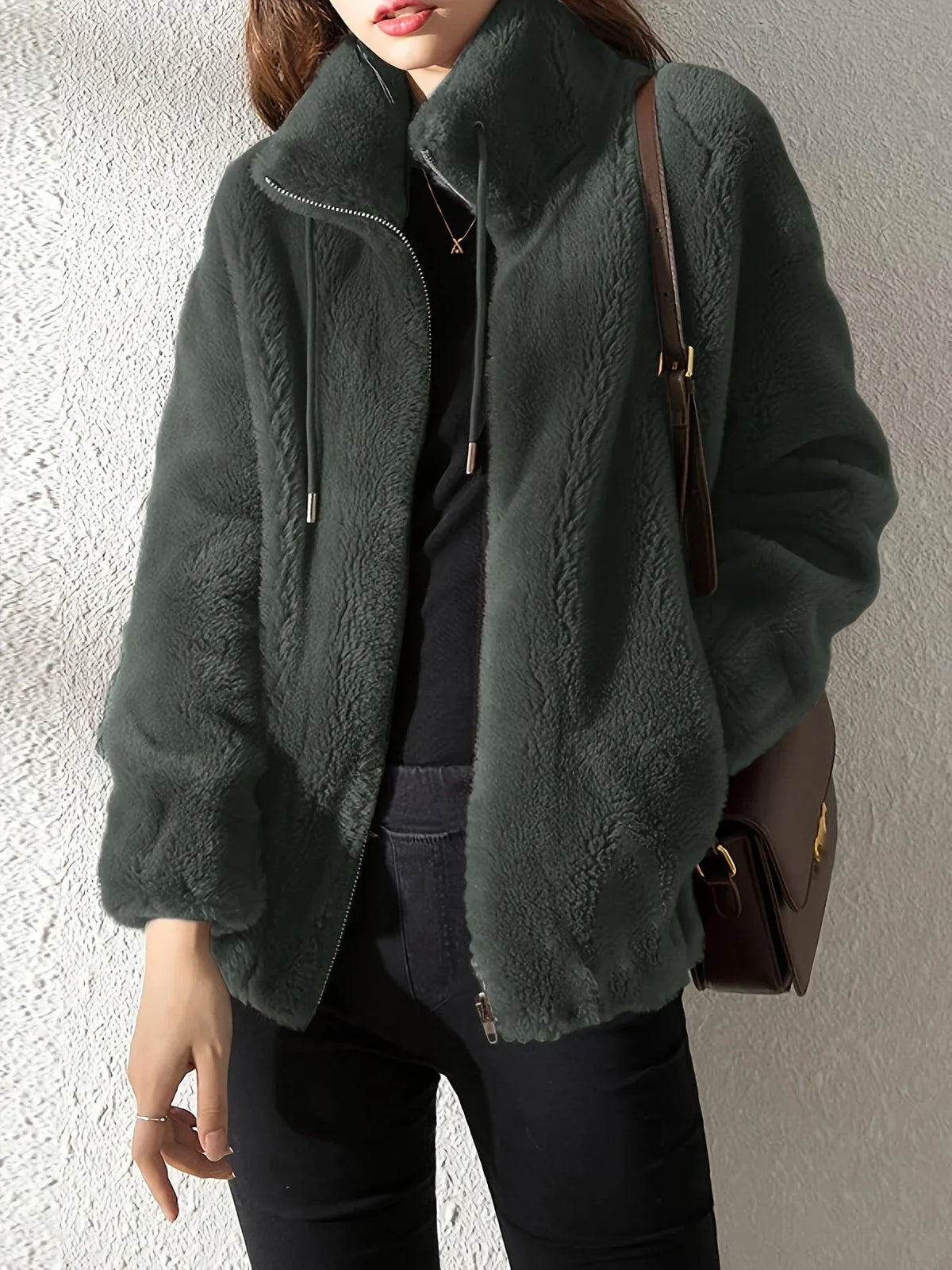 Women's borg zip-up stand collar jacket with drawstring