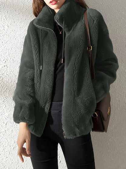 Women's borg zip-up stand collar jacket with drawstring