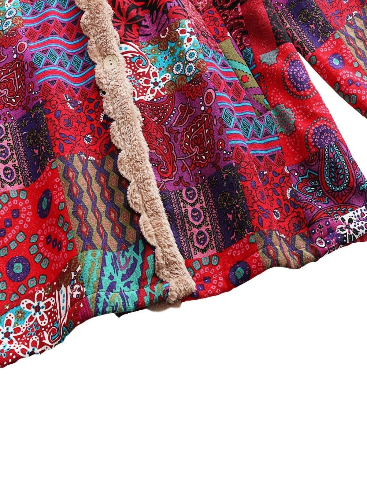 Women's borg button-front hood parka with patchwork print