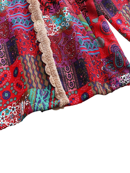 Women's borg button-front hood parka with patchwork print