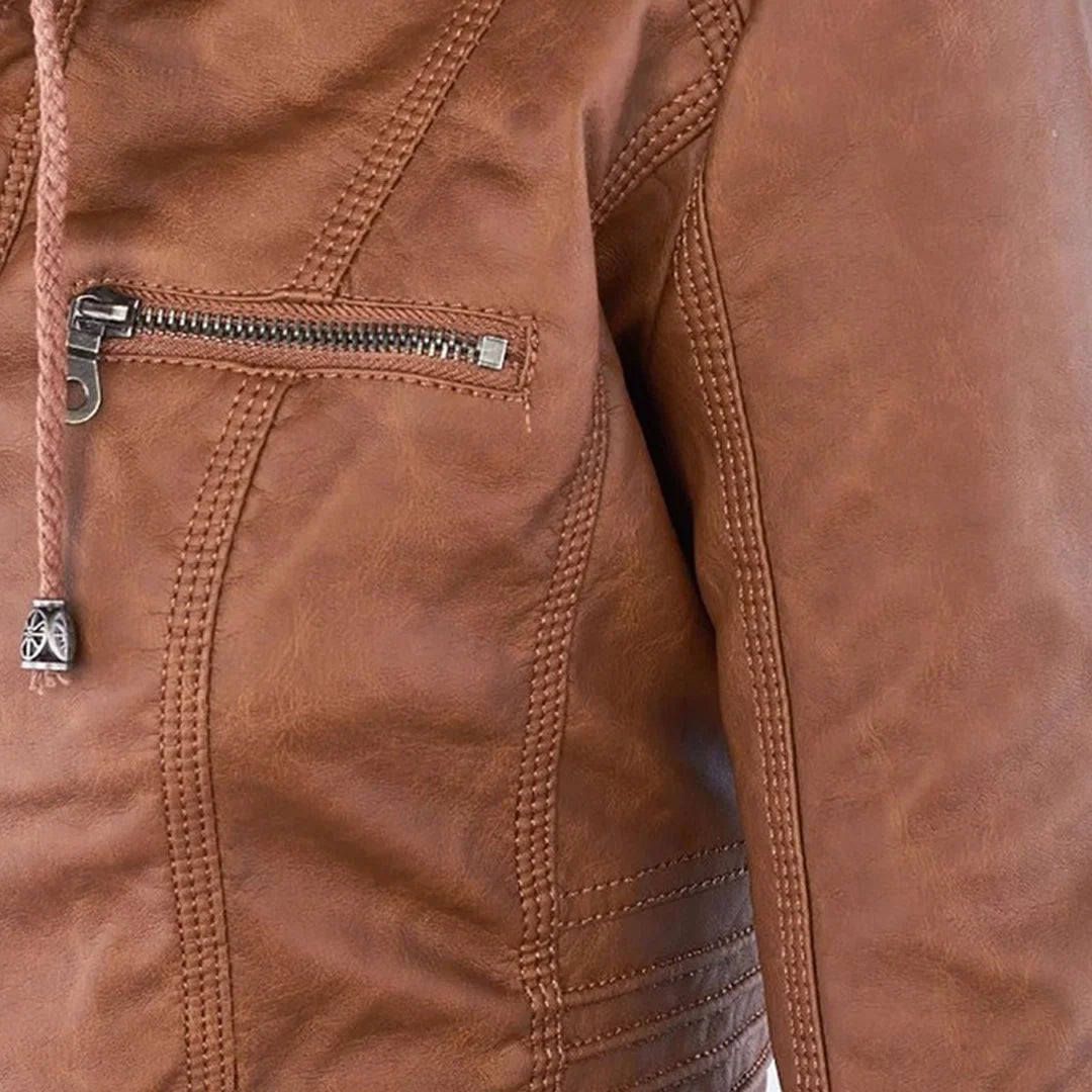 Women's zip-up hood leather jacket with zippered pockets