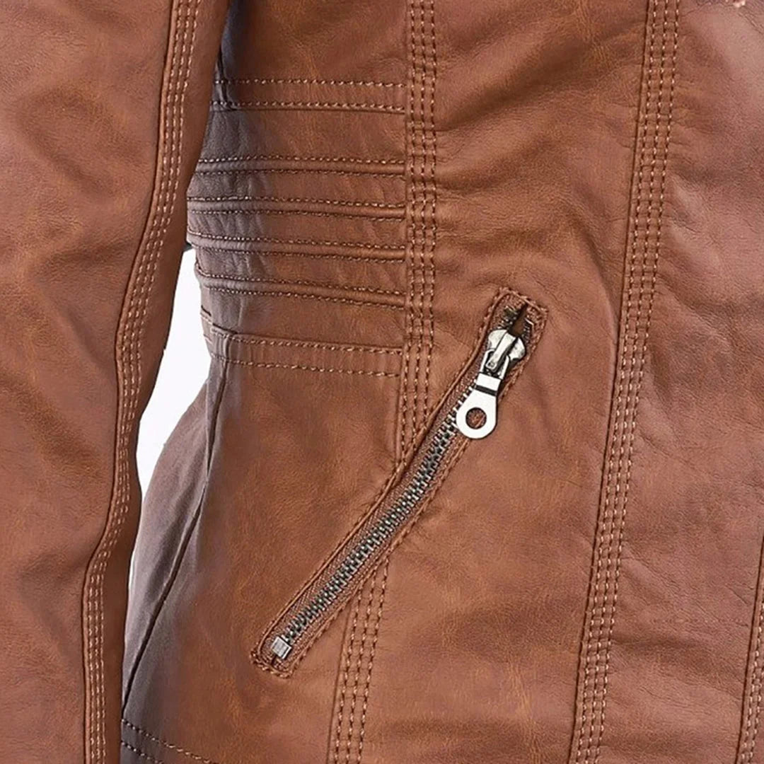 Women's zip-up hood leather jacket with zippered pockets