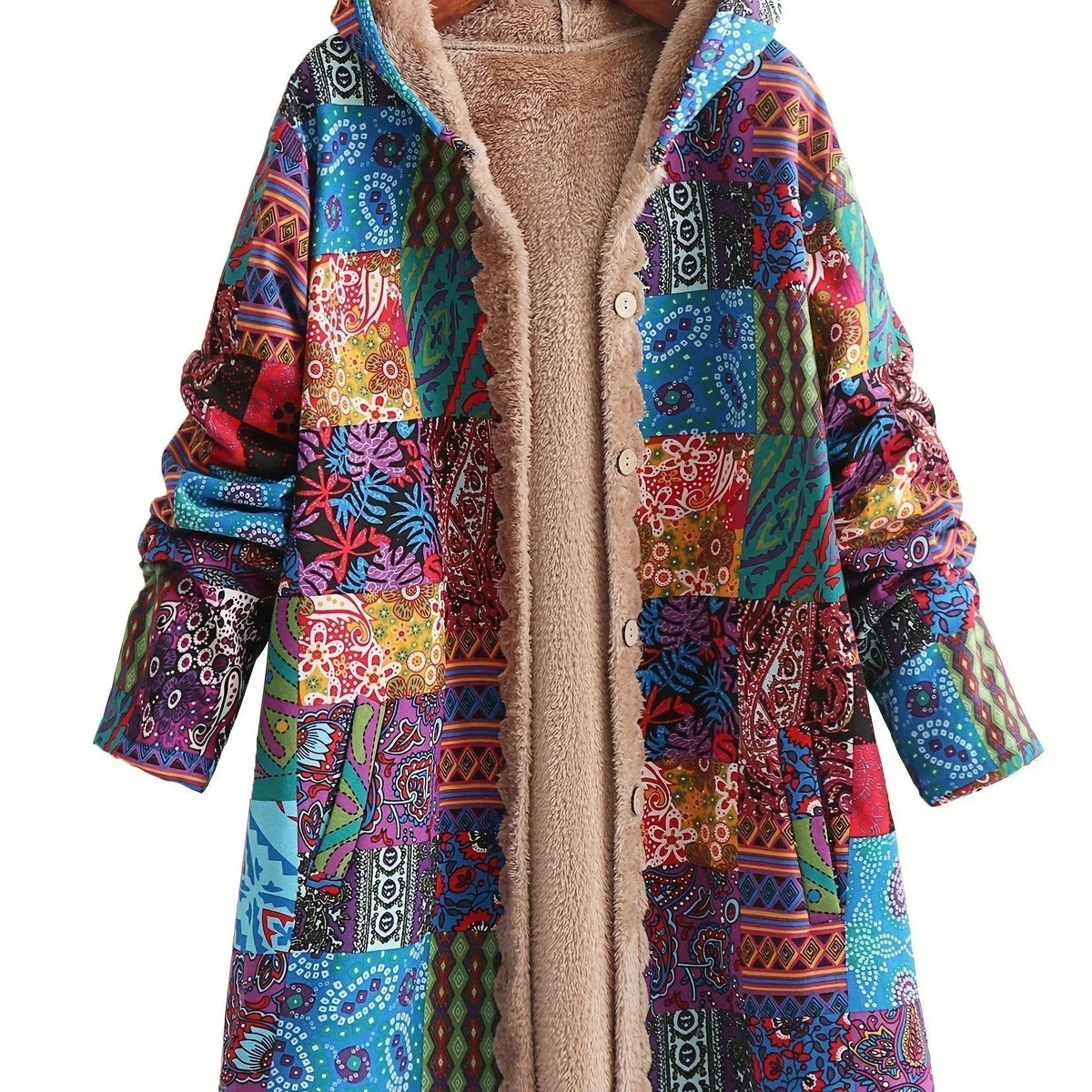 Women's borg button-front hood parka with patchwork print