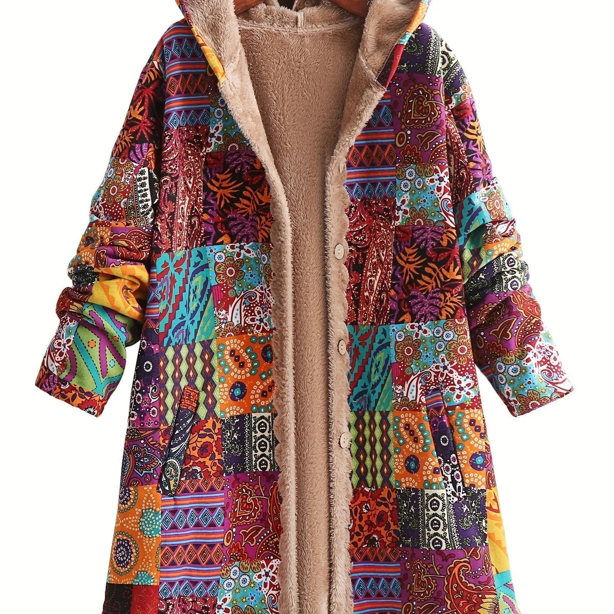 Women's borg button-front hood parka with patchwork print