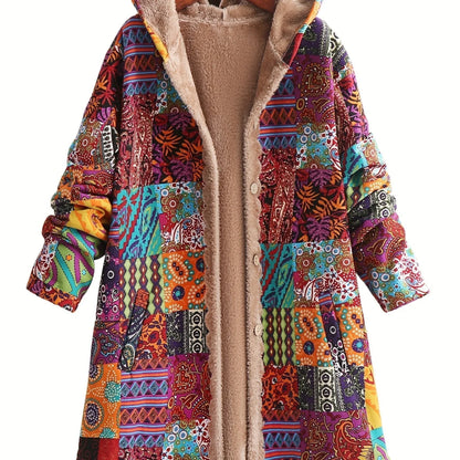 Women's borg button-front hood parka with patchwork print