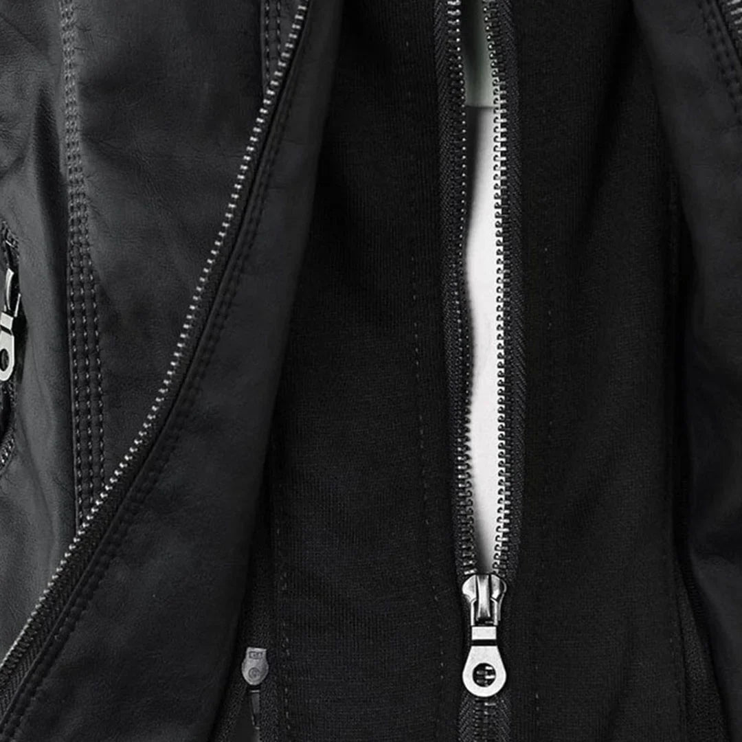 Women's zip-up hood leather jacket with zippered pockets