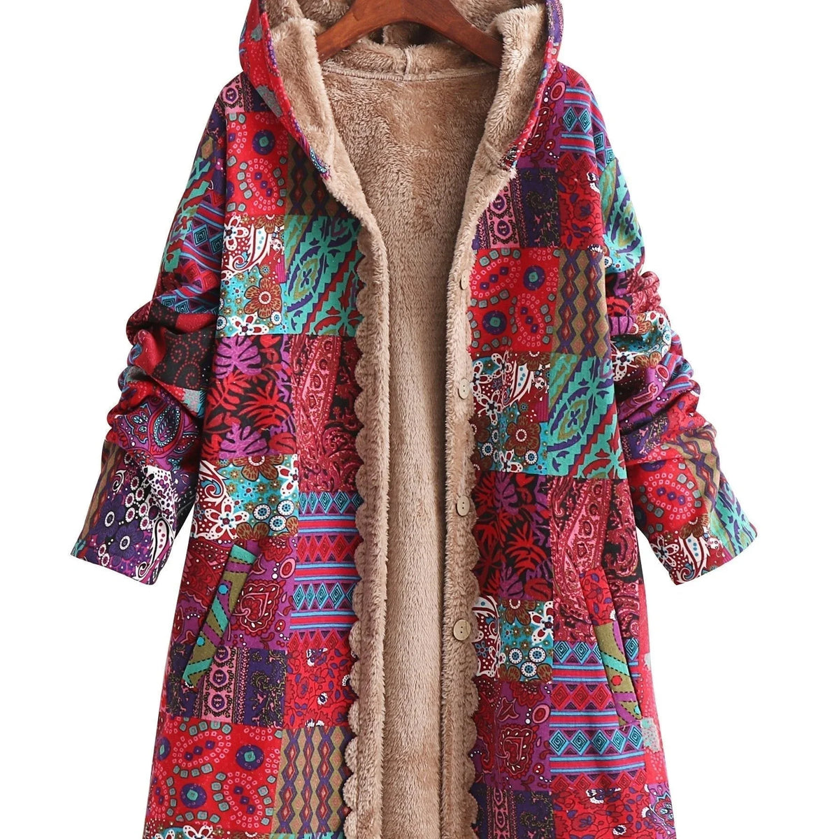 Women's borg button-front hood parka with patchwork print