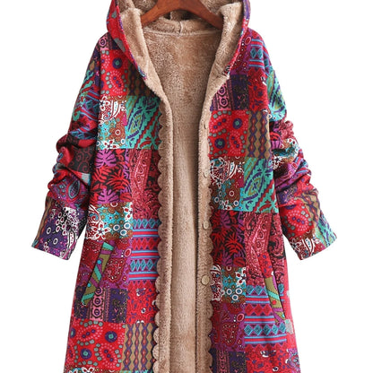 Women's borg button-front hood parka with patchwork print
