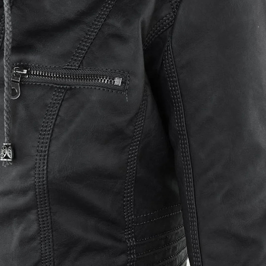 Women's zip-up hood leather jacket with zippered pockets