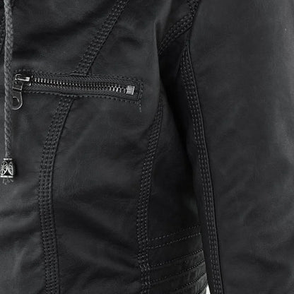 Women's zip-up hood leather jacket with zippered pockets