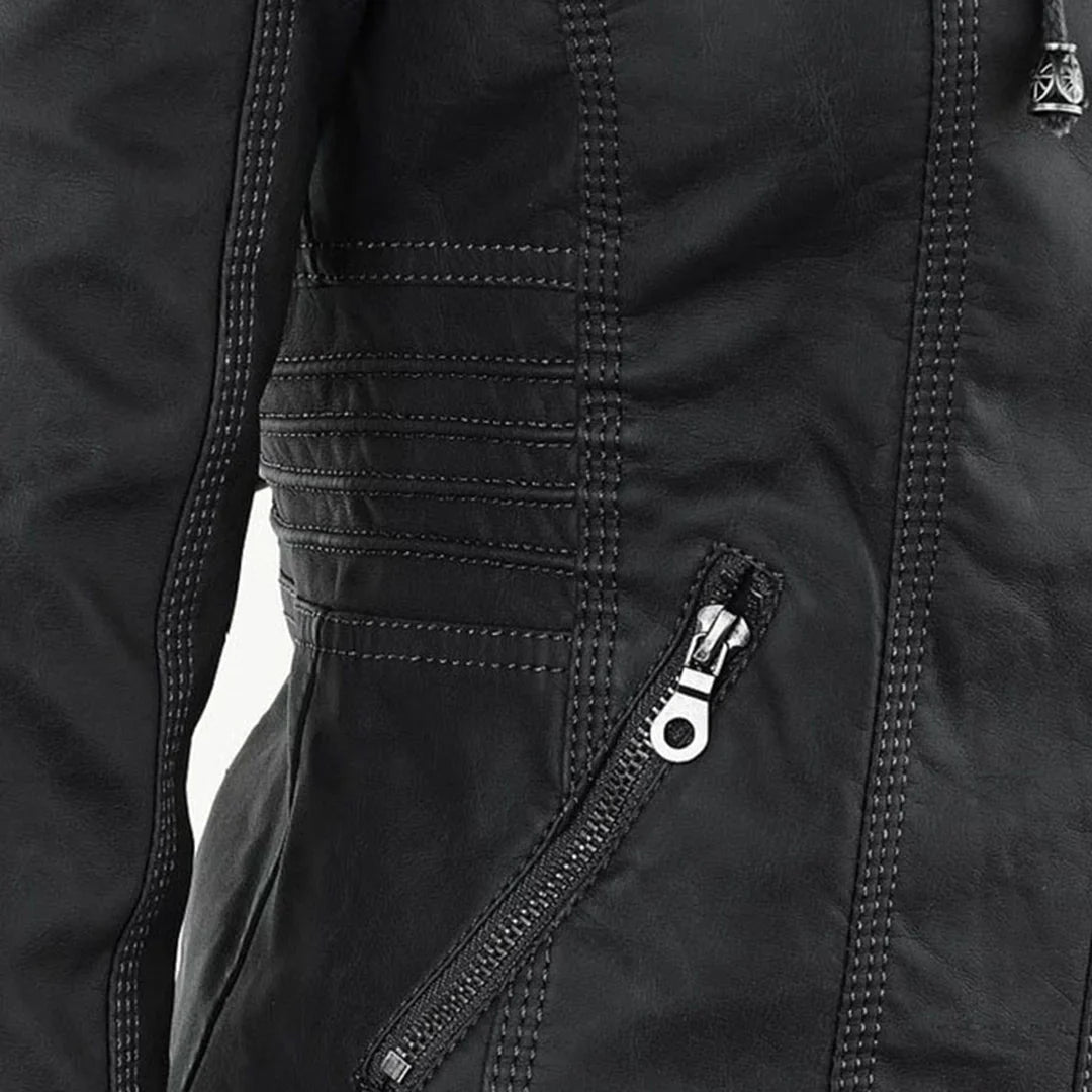 Women's zip-up hood leather jacket with zippered pockets
