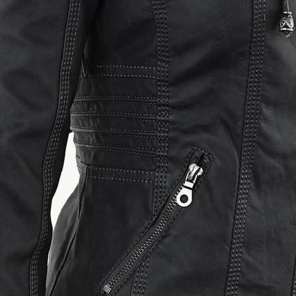 Women's zip-up hood leather jacket with zippered pockets