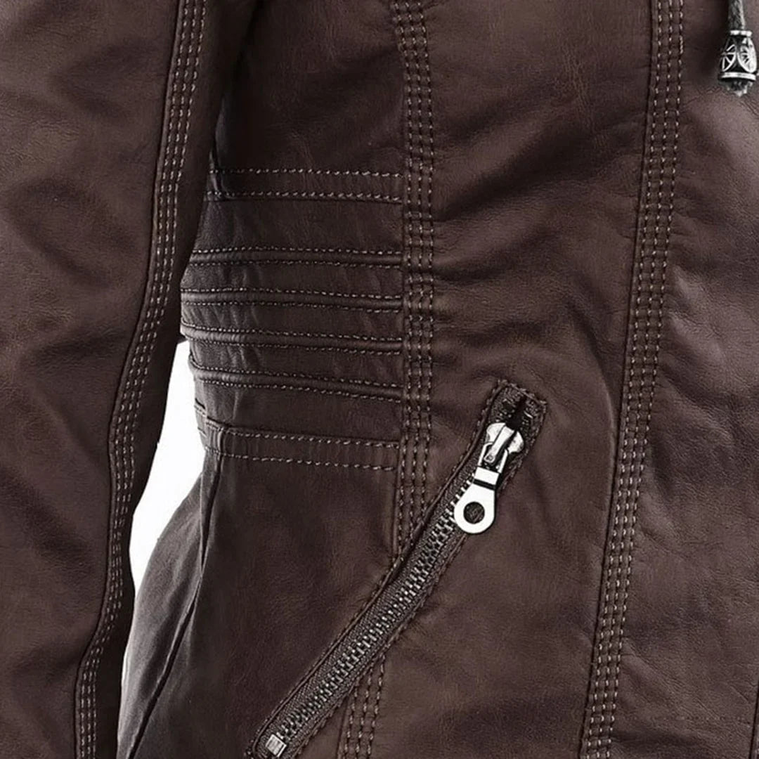 Women's zip-up hood leather jacket with zippered pockets