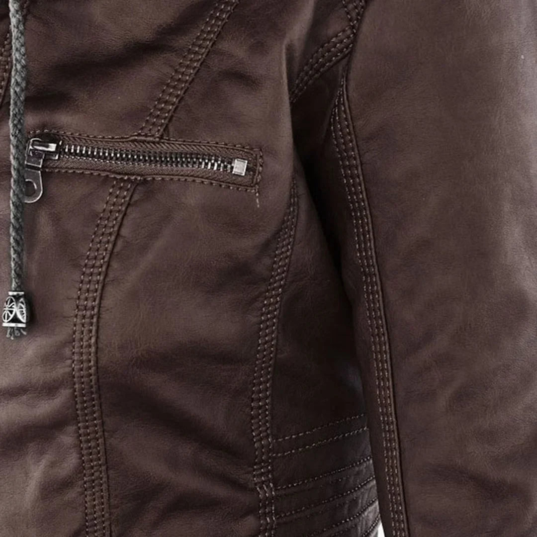 Women's zip-up hood leather jacket with zippered pockets
