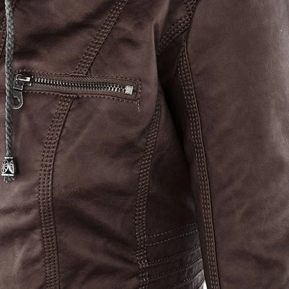 Women's zip-up hood leather jacket with zippered pockets