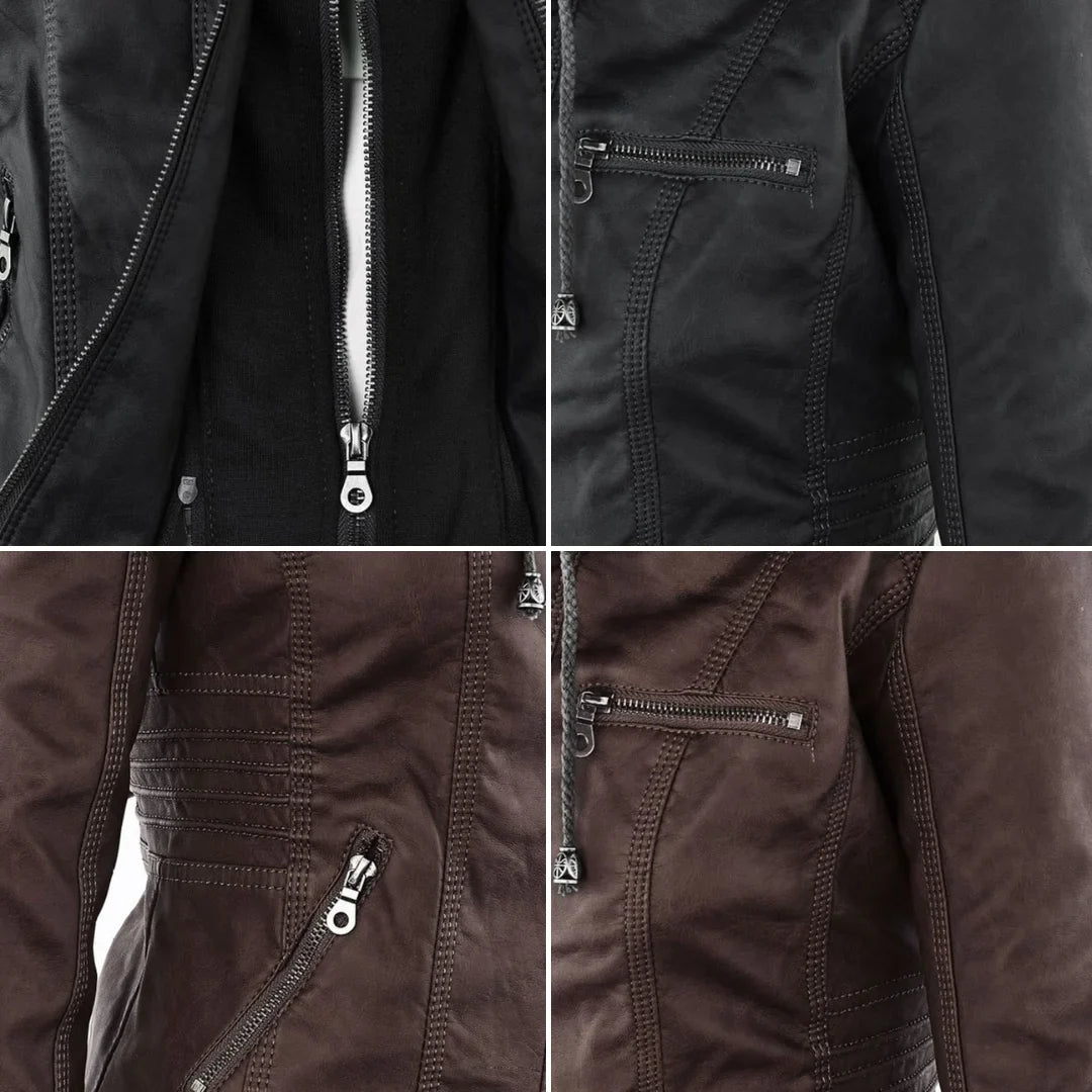Women's zip-up hood leather jacket with zippered pockets