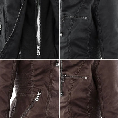 Women's zip-up hood leather jacket with zippered pockets