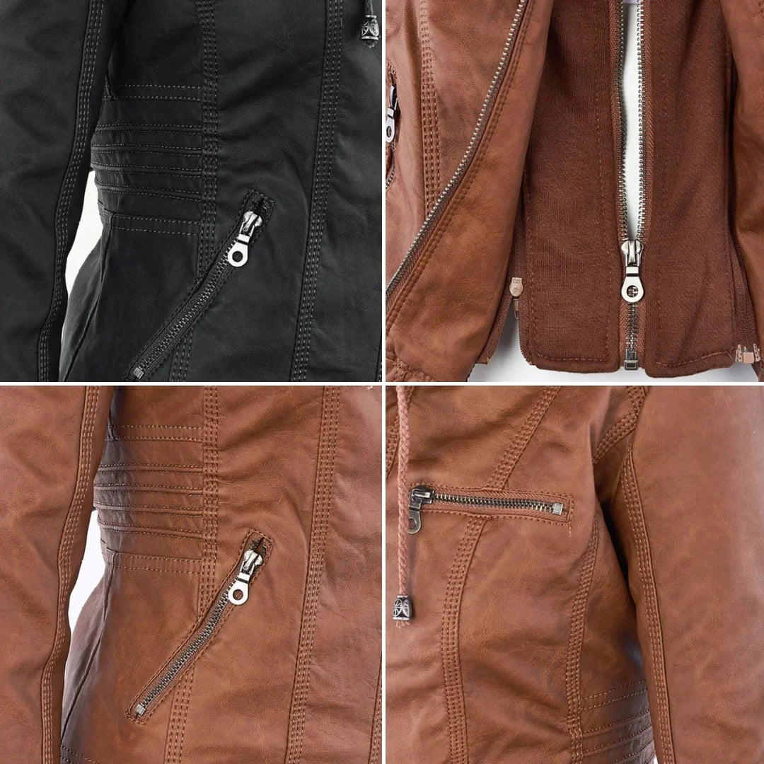 Women's zip-up hood leather jacket with zippered pockets