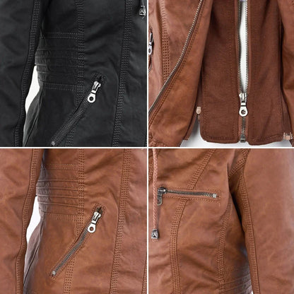 Women's zip-up hood leather jacket with zippered pockets