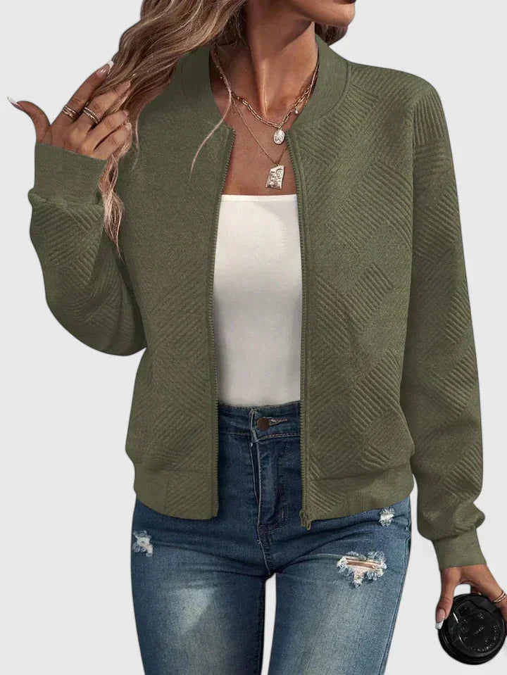 Women's knit zip-up stand collar bomber jacket with chevron textured – Army Green