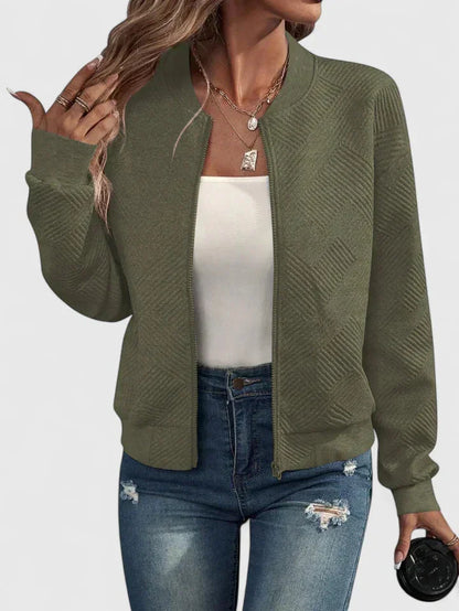 Women's knit zip-up stand collar bomber jacket with chevron textured – Army Green