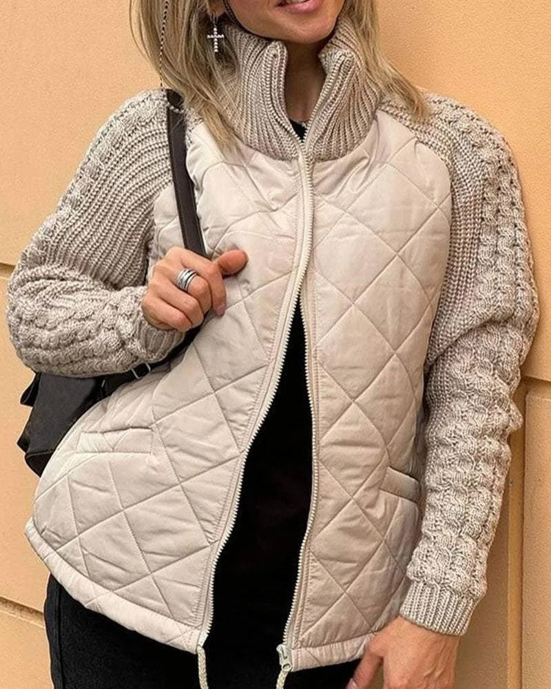 Women's quilted zip-up stand collar puffer jacket – Beige