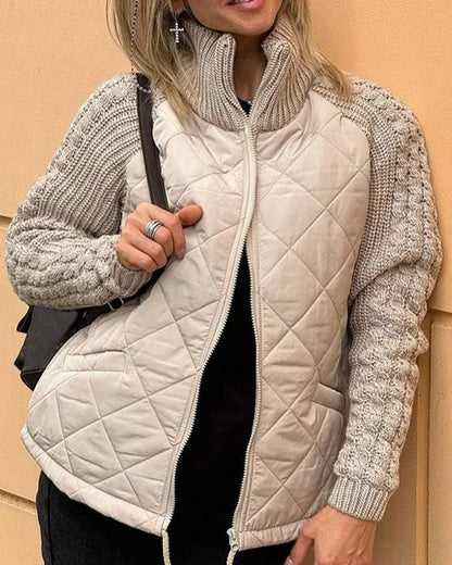 Women's quilted zip-up stand collar puffer jacket – Beige