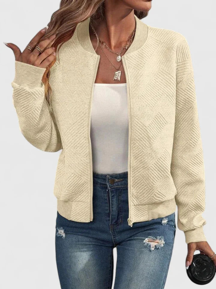 Women's knit zip-up stand collar bomber jacket with chevron textured – Beige