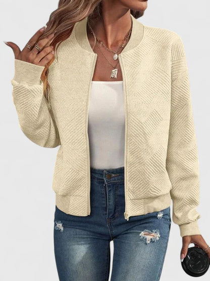Women's knit zip-up stand collar bomber jacket with chevron textured – Beige
