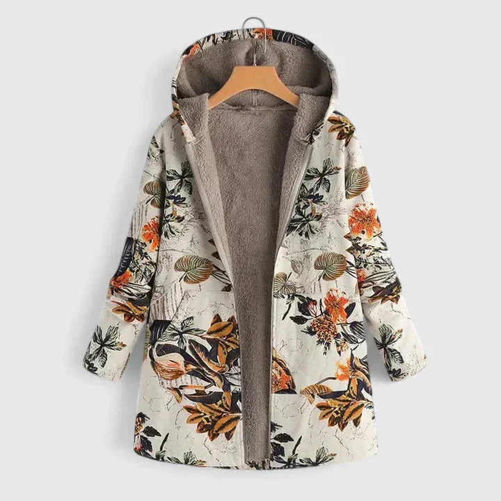 Women's floral zip-up hood parka with sherpa lining – Beige Floral
