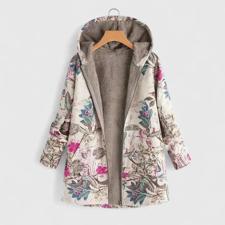 Women's floral zip-up hood parka with sherpa lining – Beige Orange