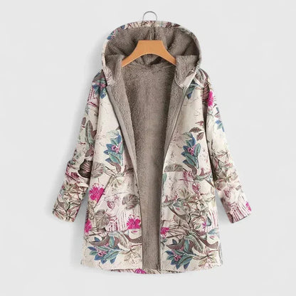 Women's floral zip-up hood parka with sherpa lining – Beige Orange