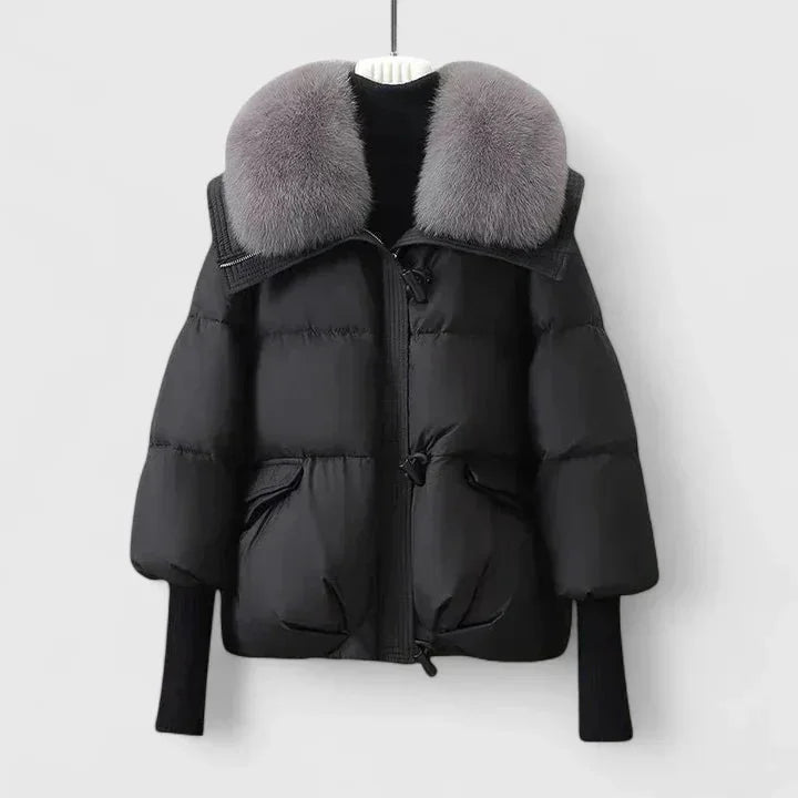 Women's quilted toggle collared puffer jacket with faux fur – Black