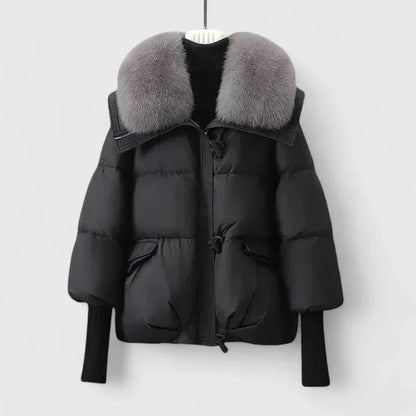 Women's quilted toggle collared puffer jacket with faux fur – Black