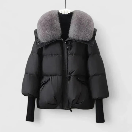 Women's quilted toggle collared puffer jacket with faux fur – Black