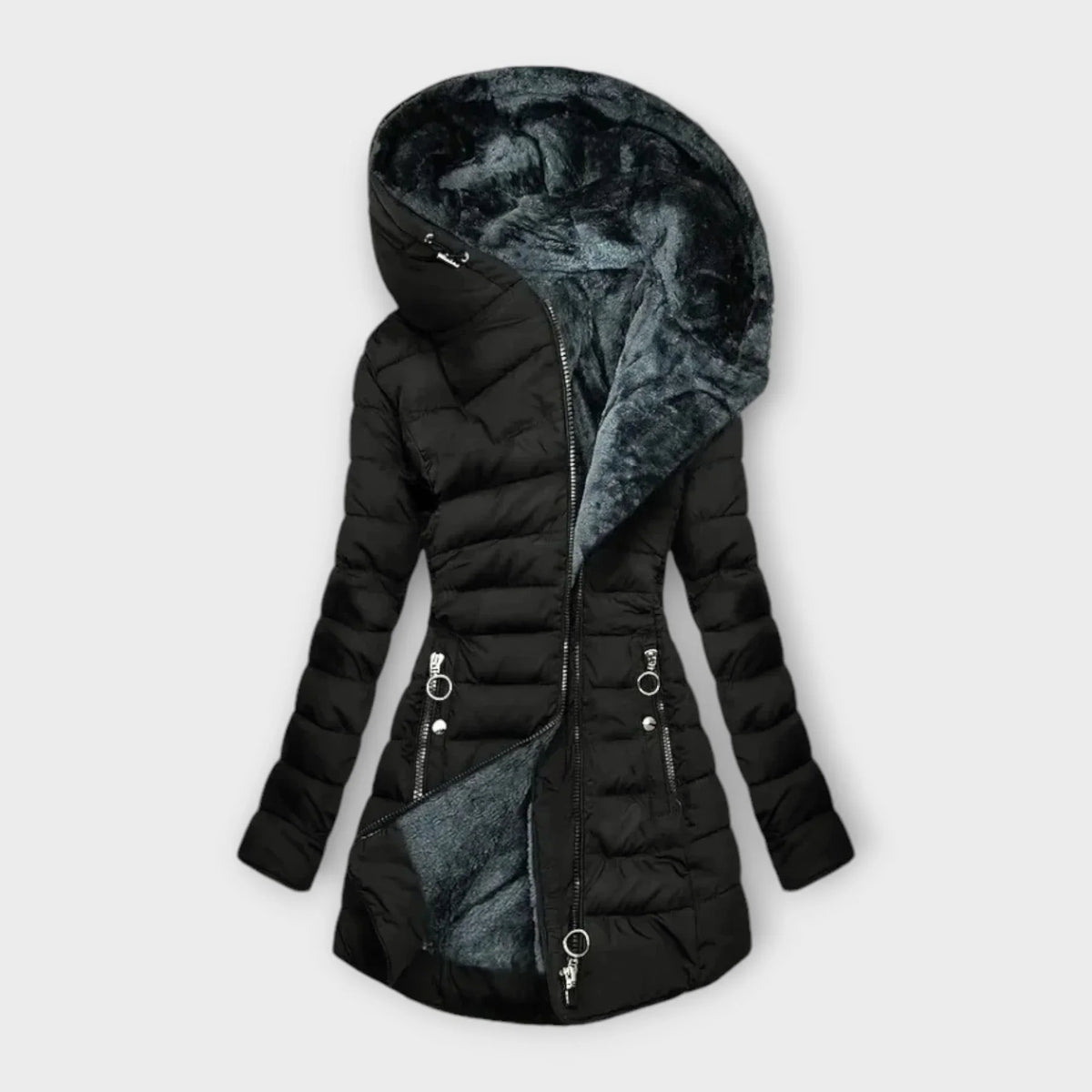 Women's quilted zip-up hood puffer coat with faux fur lining – Black