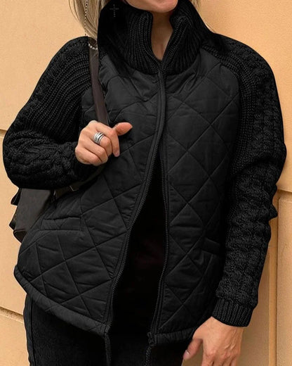 Women's quilted zip-up stand collar puffer jacket – Black