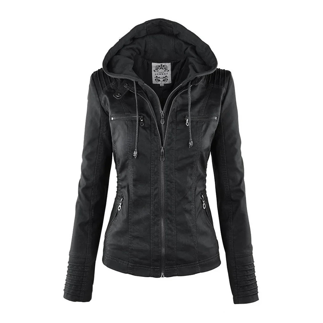 Women's zip-up hood leather jacket with zippered pockets – Black