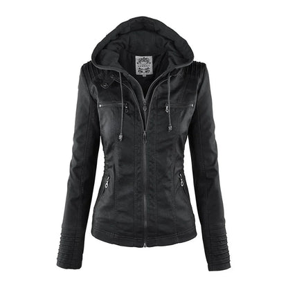 Women's zip-up hood leather jacket with zippered pockets – Black