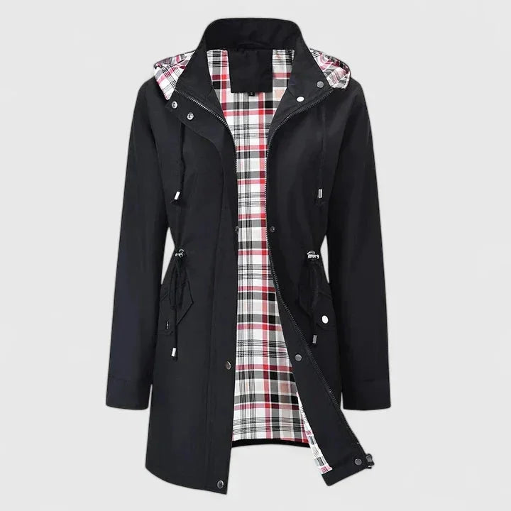 Women's zip-up hood parka with drawstring waist – Black