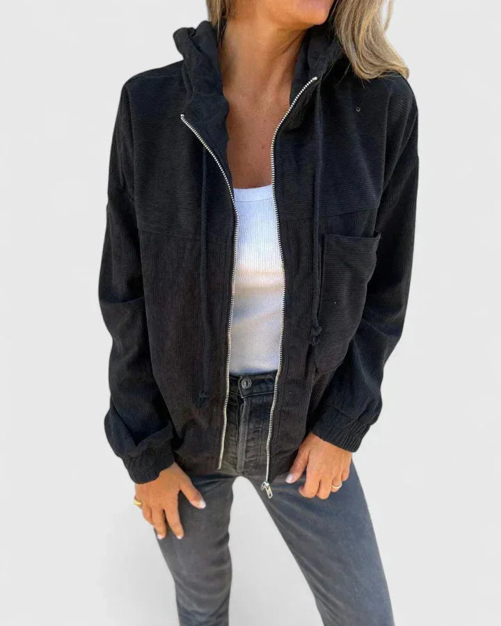 Women's corduroy zip-up hood jacket with elasticated cuffs and hem – Black