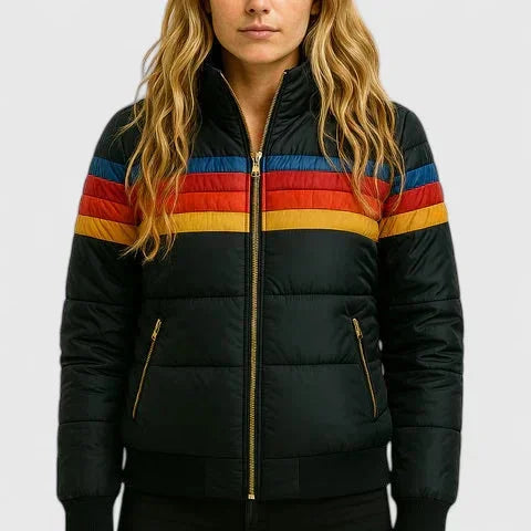 Women's striped quilted zip-up puffer jacket with rainbow stripes – Black