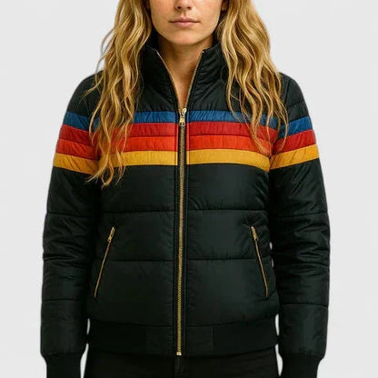 Women's striped quilted zip-up puffer jacket with rainbow stripes – Black