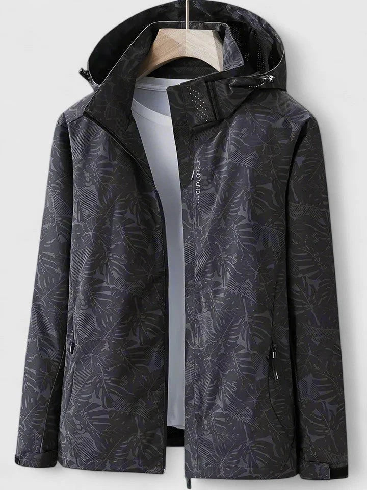 Women's zip-up hood jacket with leaf print – Black