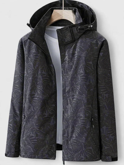 Women's zip-up hood jacket with leaf print – Black