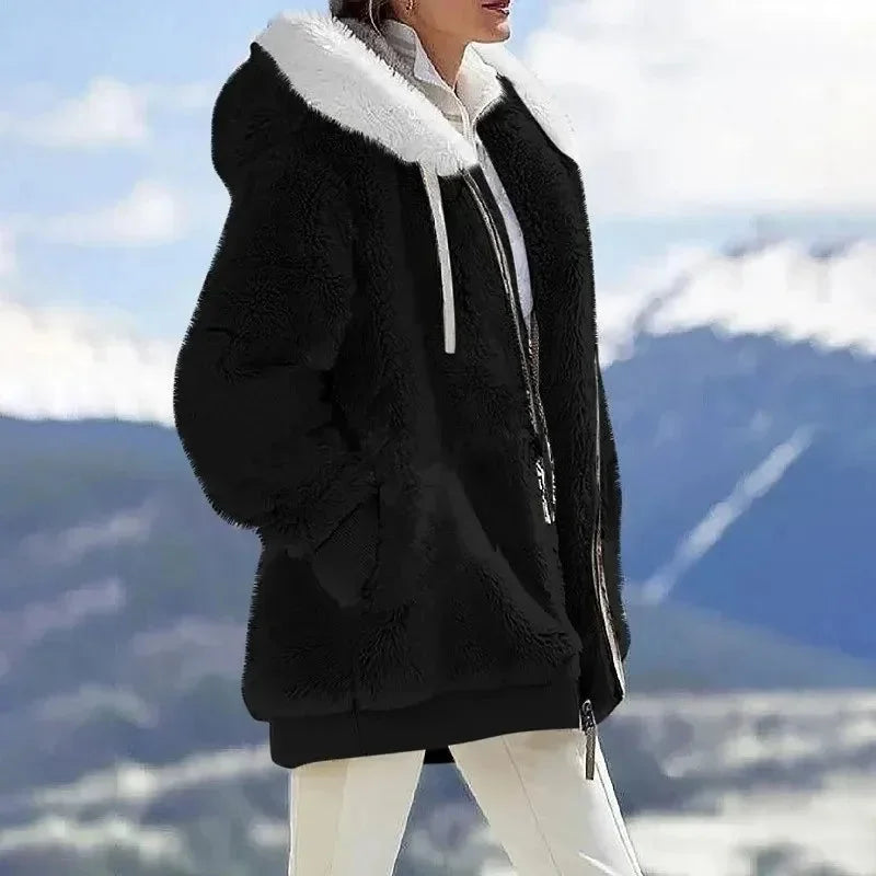 Women's colourblock borg zip-up long coat with ribbed cuffs – Black
