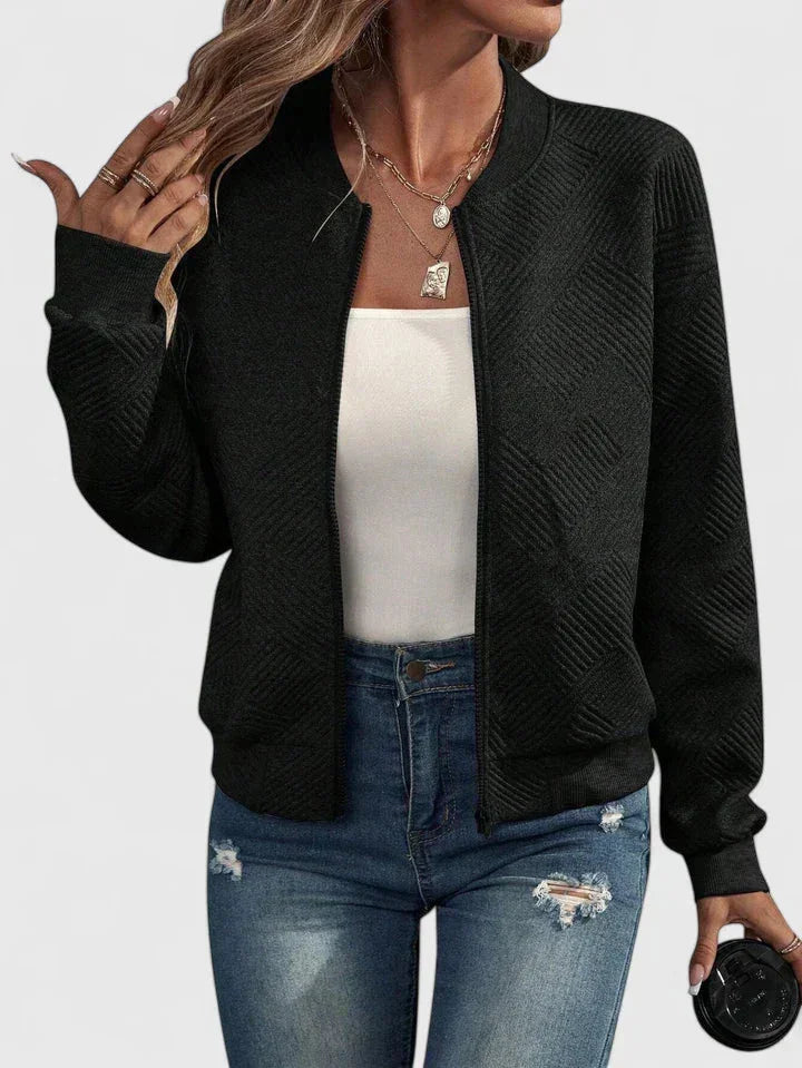 Women's knit zip-up stand collar bomber jacket with chevron textured – Black
